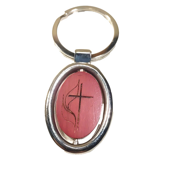 Religious Keychain Wooden Silver Tone Spinner Etched Cross - Picture 4 of 5